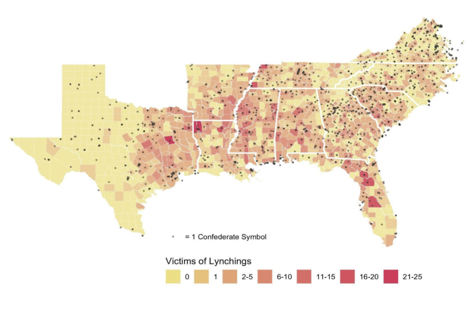 The researchers created a map to visualize their findings. Darker colors denote higher numbers of lynching victims, and each dot represents the location of a Confederate memorialization. Source: Proceedings of the National Academy of Sciences. (Graphic by Samuel Powers)