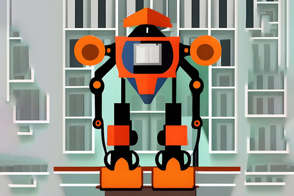 Cartoonish robot in front of office building depicting AI