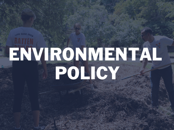 UVA Batten Environmental Policy image featuring students doing gardening work outdoors.