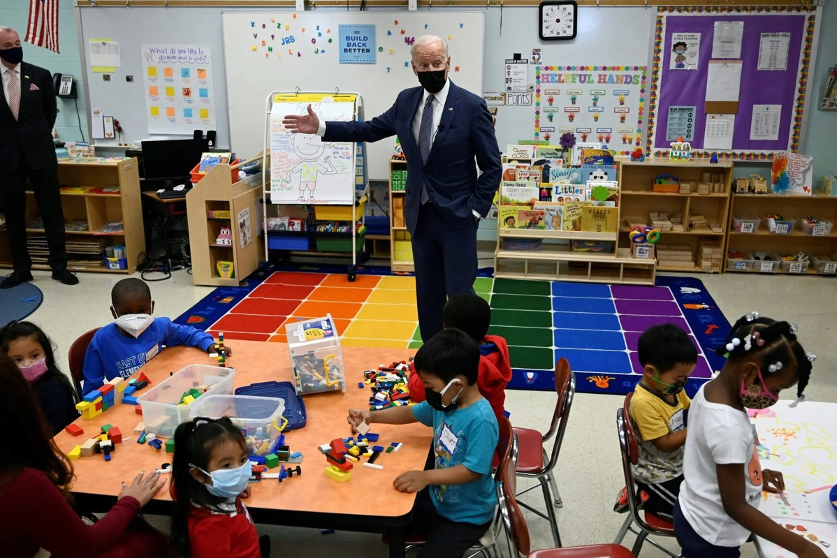 President Biden at a pre-K classroom in North Plainfield, N.J., last month to promote universal pre-K, part of Democratsâ social spending bill.Credit...Andrew Caballero-Reynolds/Agence France-Presse â Getty Images