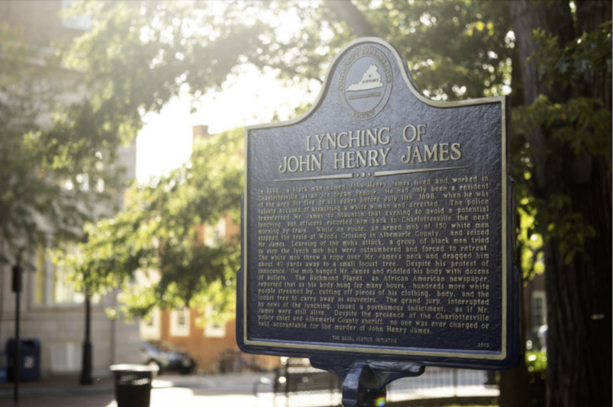 The historical marker commemorating the lynching death of John Henry James was installed in Court Square in July 2019. It is part of the Equal Justice Initiative's Community Remembrance Project.  Credit: Mike Kropf/Charlottesville Tomorrow