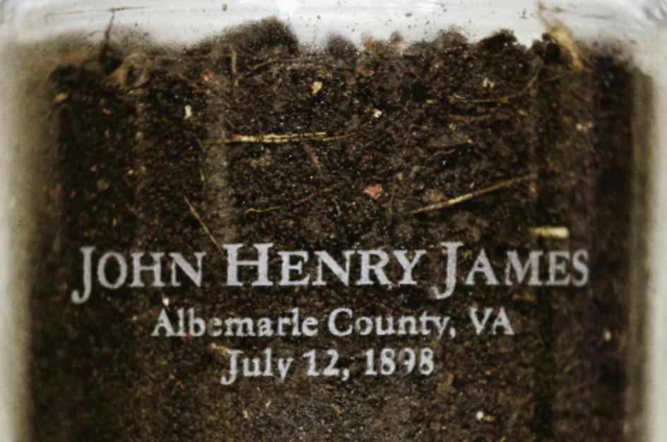 John Henry James, an ice cream salesman in Charlottesville, was lynched by a white mob on July 12, 1898. This jar contains soil from the site where he is believed to have died.  Credit: Eze Amos