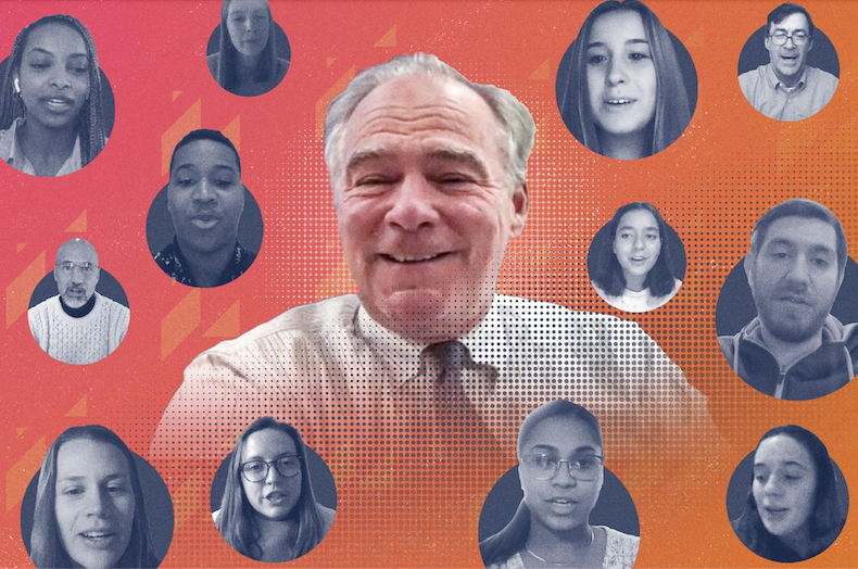 U.S. Sen. Tim Kaine, center, was one of several prominent leaders students got a chance to interview during a January term leadership course called âPresident Bidenâs First Year.â (Illustration by Ziniu Chen, University Communications)