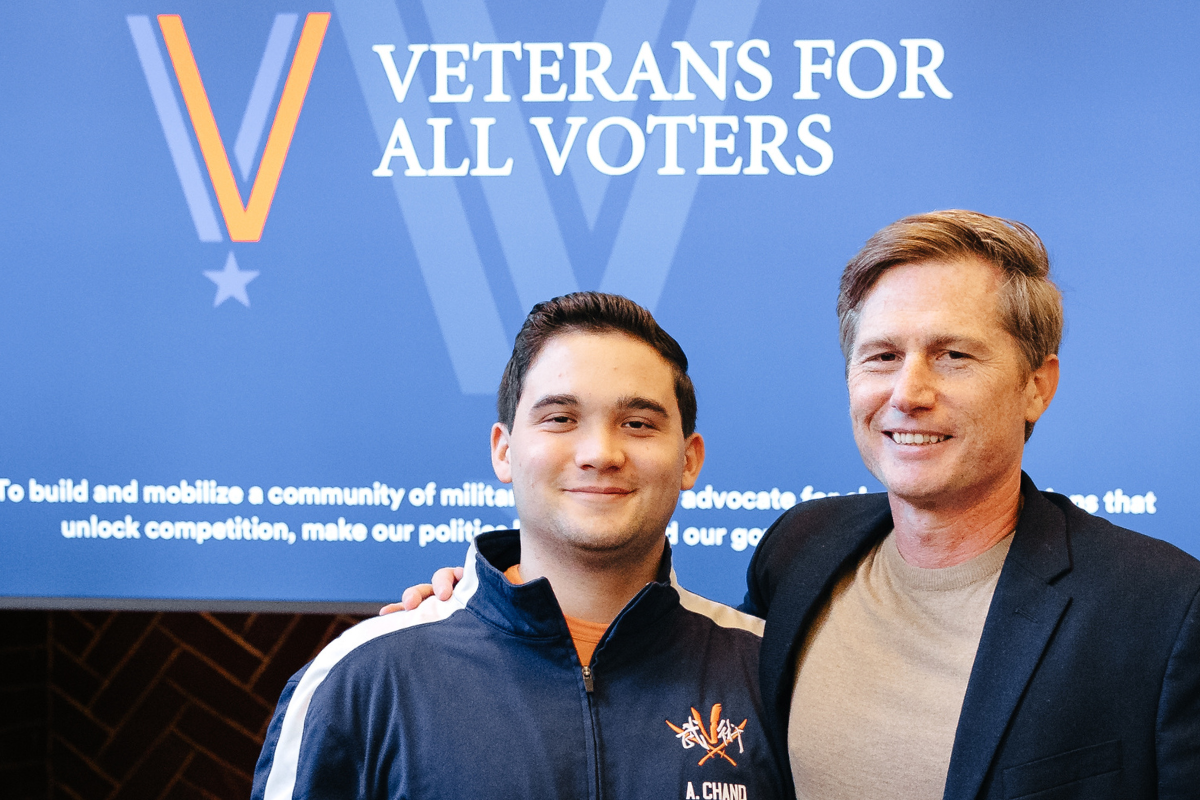 BA '25 Andrew Chand (left) helped bring the Veterans For All Voters organization to Batten for a Veterans Day presentation.