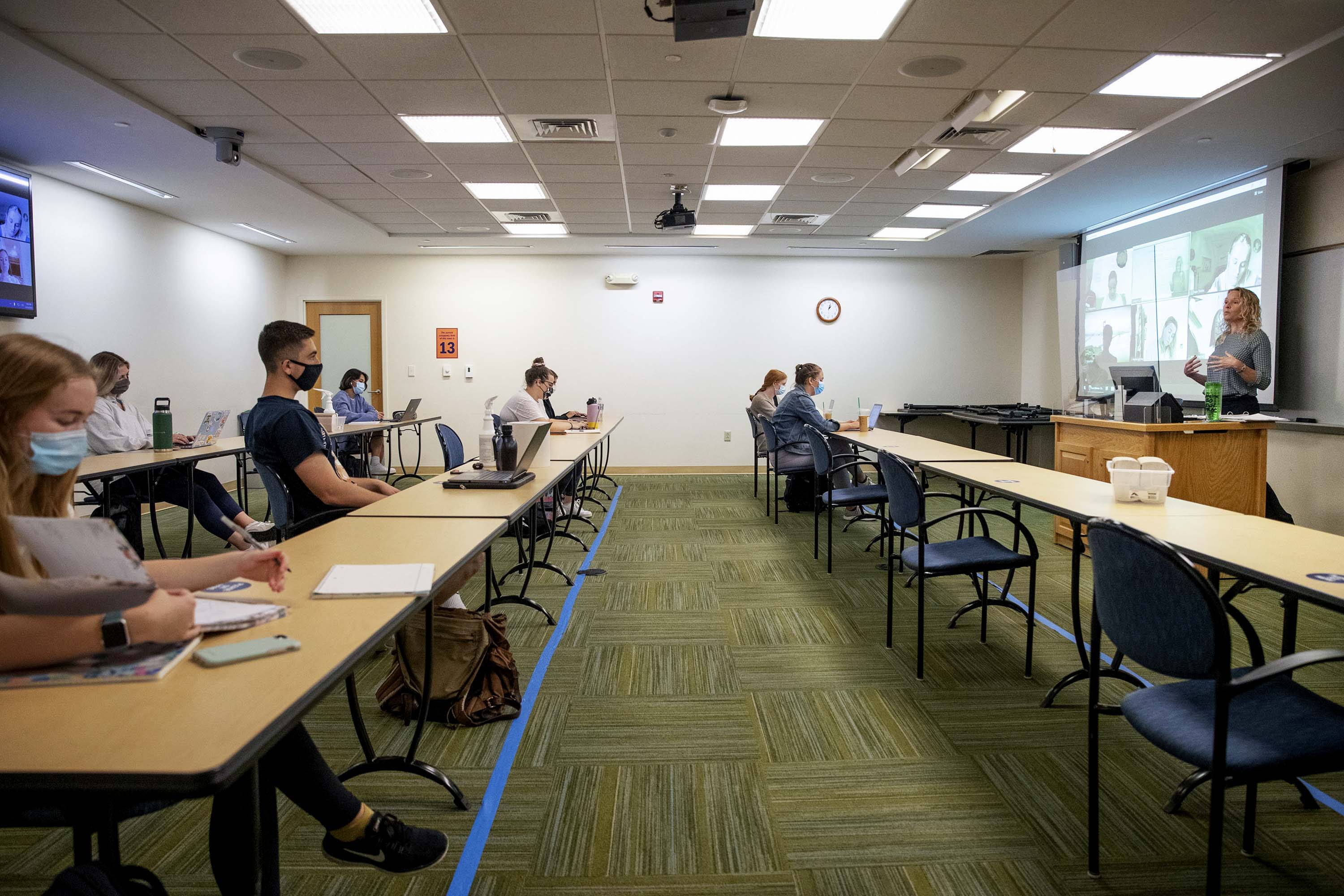 Similarly in smaller classrooms, spaces are marked and distanced, as in nursing professor Ashley Hurstâs class.