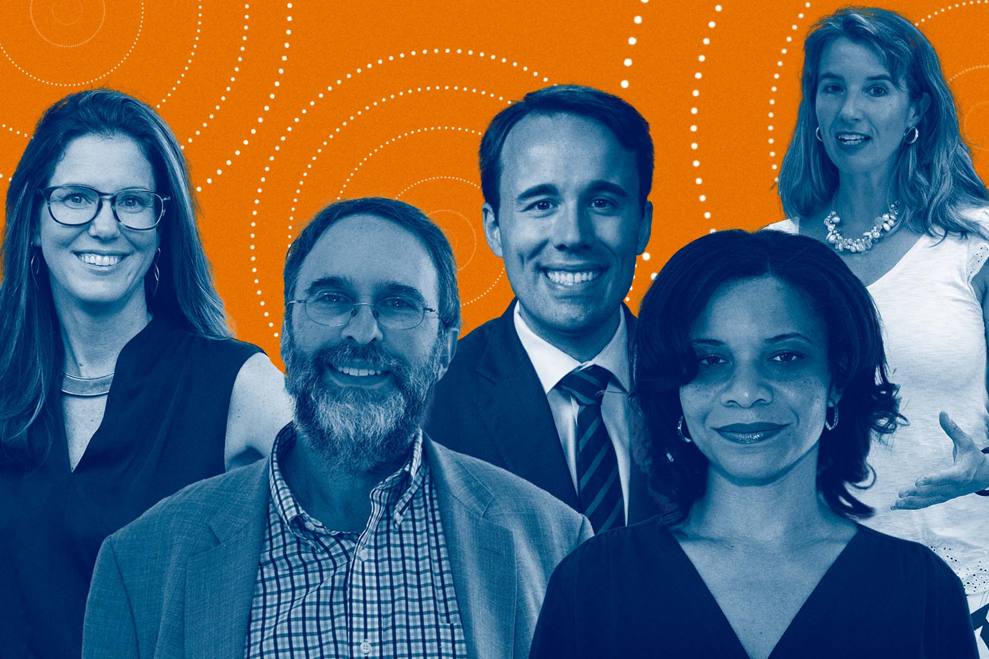 From left, Kirsten Gelsdorf, Victor Luftig, John Holbein, Talitha LeFlouria and Kate Stephenson won this yearâs Faculty Public Service Awards.