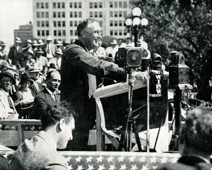 On the 1932 campaign trail, soon-to-be President Franklin D. Roosevelt touts his New Deal.  Universal History Archive/Getty Images