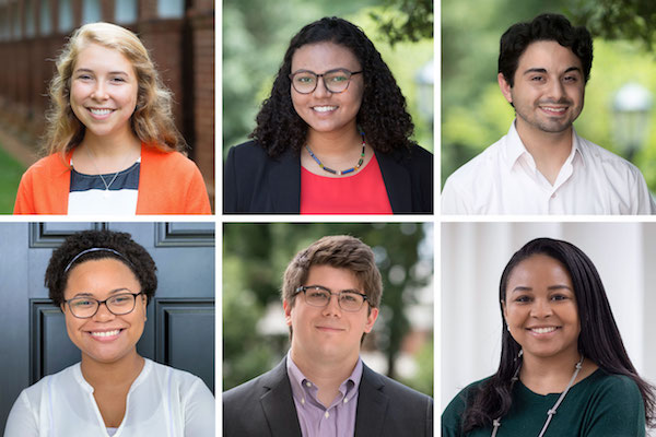 UVAâs Governorâs Fellows: top row, from left, Grace Blanchard, Virginia Chambers and Alex Cintron; bottom row, from left, Natasha Coleman, Sam Lesemann and Kiara Rogers. (Photos by Dan Addison, University Communications)