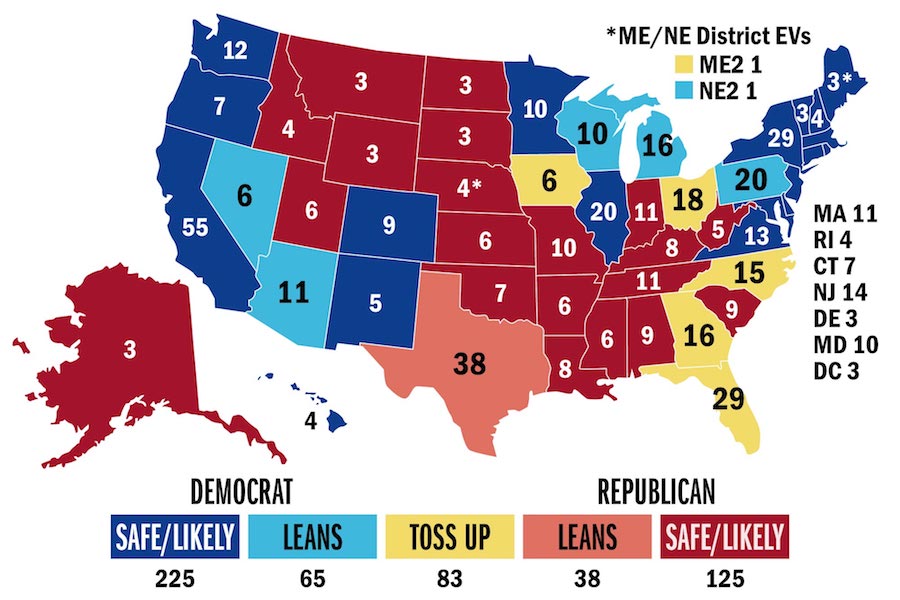 This map from Sabatoâs Crystal Ball shows states that are projected to go for each party, as well as swing states, and the number of Electoral College votes per state. (Image courtesy UVAâs Miller Center)