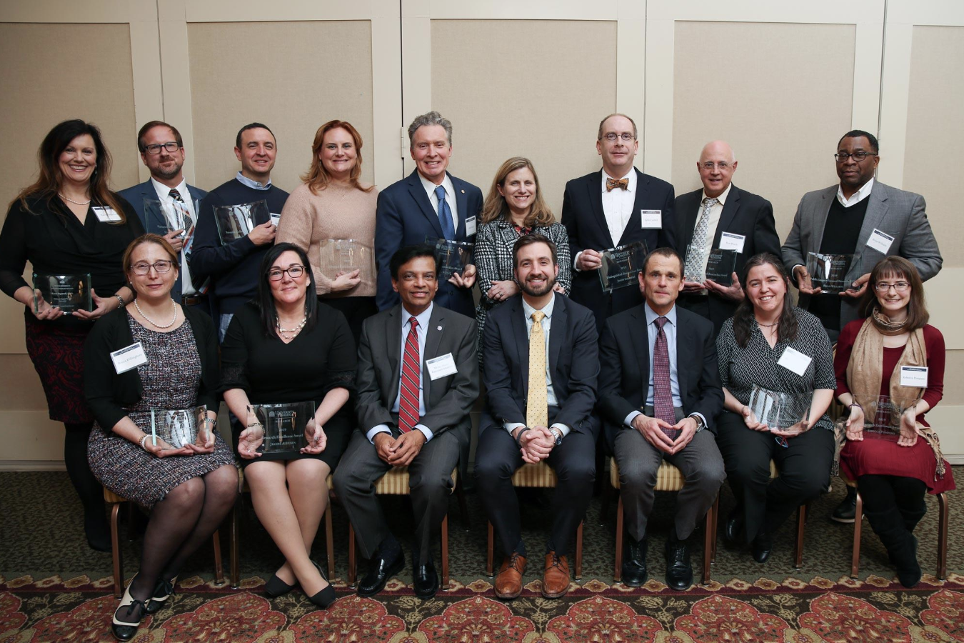 The winners of UVA’s inaugural Research Achievement Awards pose with President Jim Ryan, Provost Liz Magill and Vice President for Research Melur Ramasubramanian. (Photo by Amanda Maglione)
