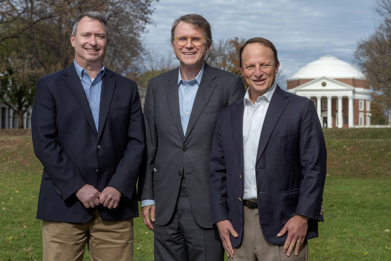 From left to right, politics professor David Leblang, Darden professor Robert Bruner and McIntire professor David Smith taught a class on the 2008 financial crisis in 2018, when this photo was taken. (Photo by Sanjay Suchak, University Communications)