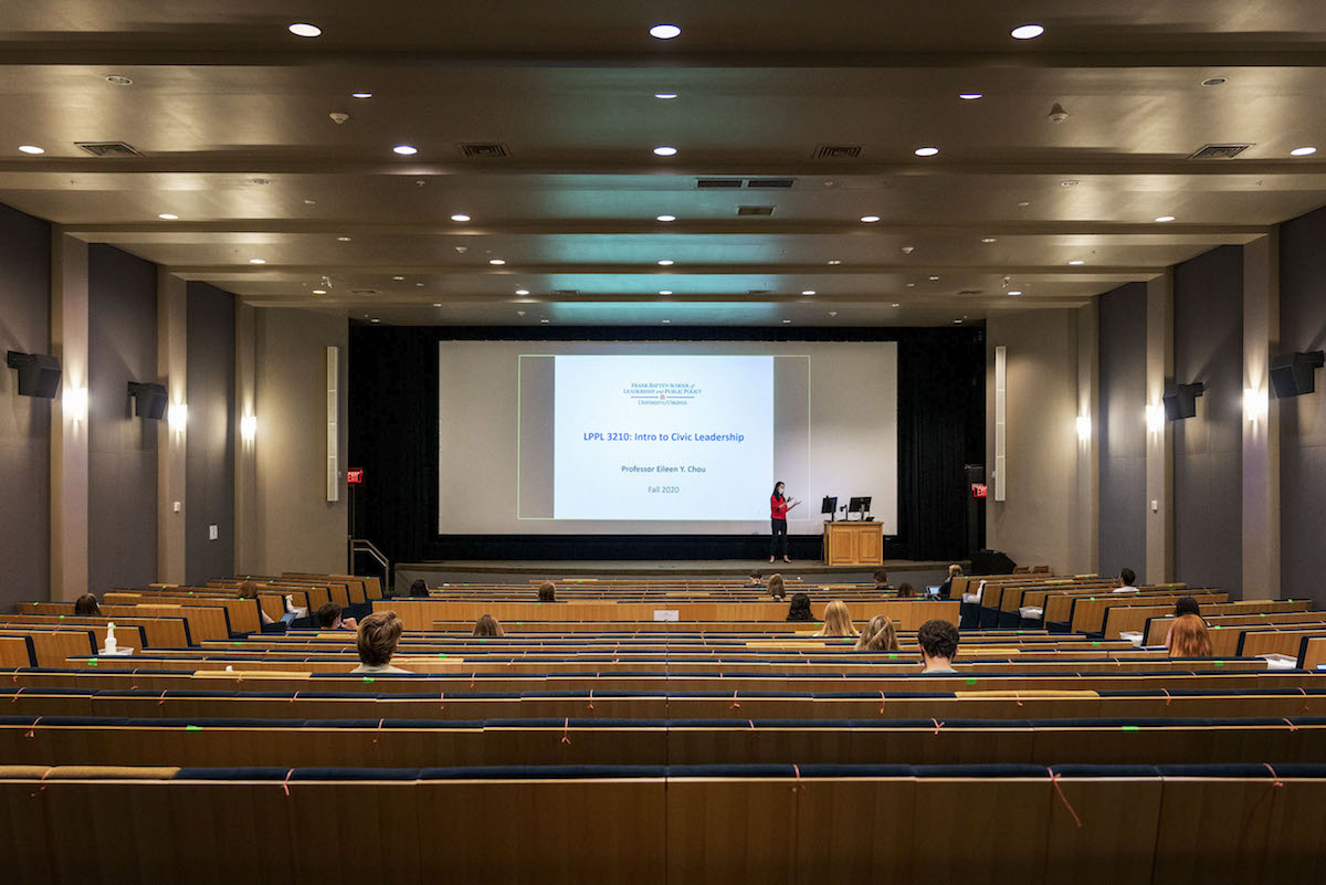 Eileen Chou, an associate professor of public policy, teaches her “Introduction to Civic Leadership” course from the Newcomb Hall Theatre to students both online and in person.