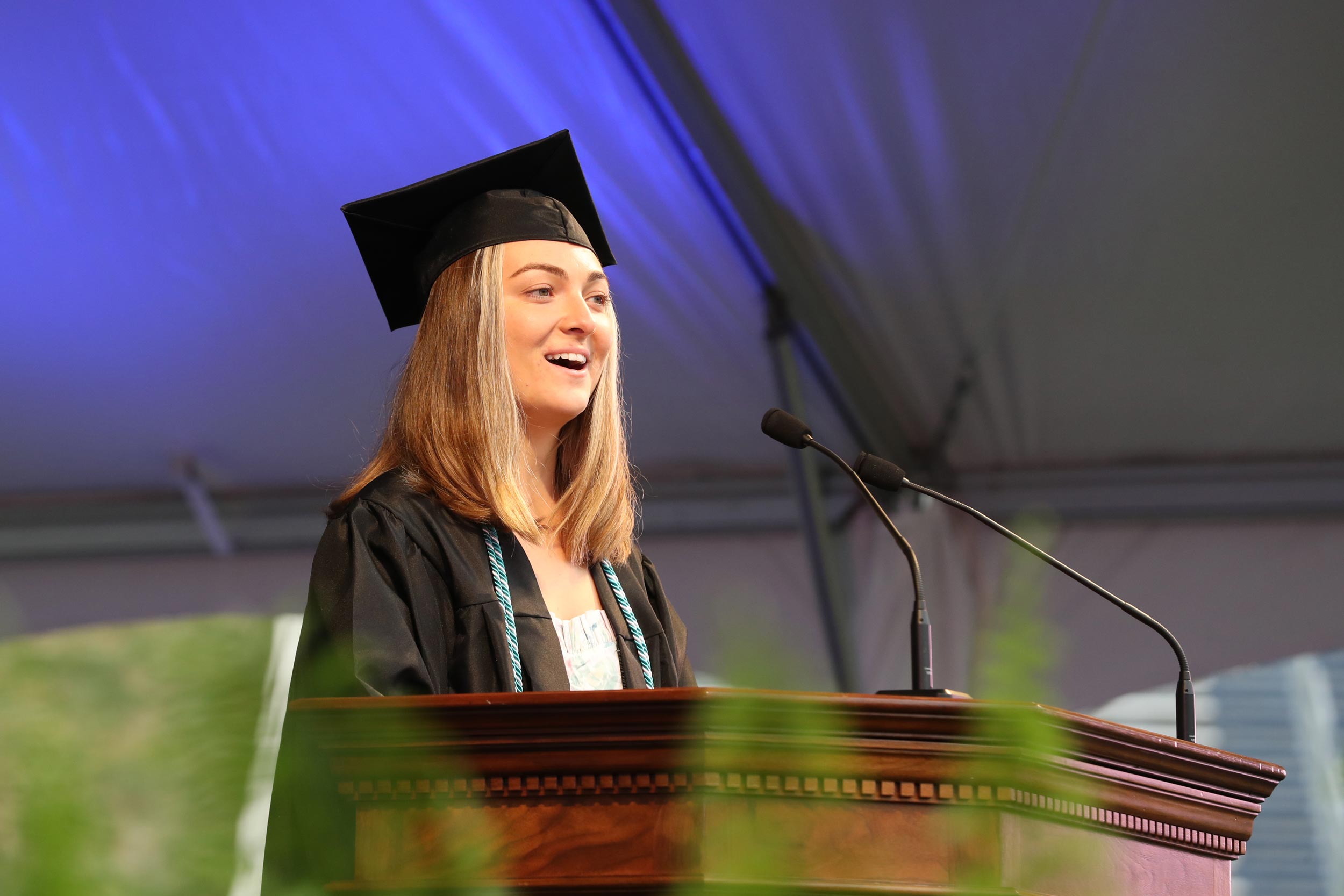 2020 graduate Hannah M. Semmes read a new version of a poem she wrote during the pandemic, “The Clock.” (Photo by Dan Addison, University Communications)