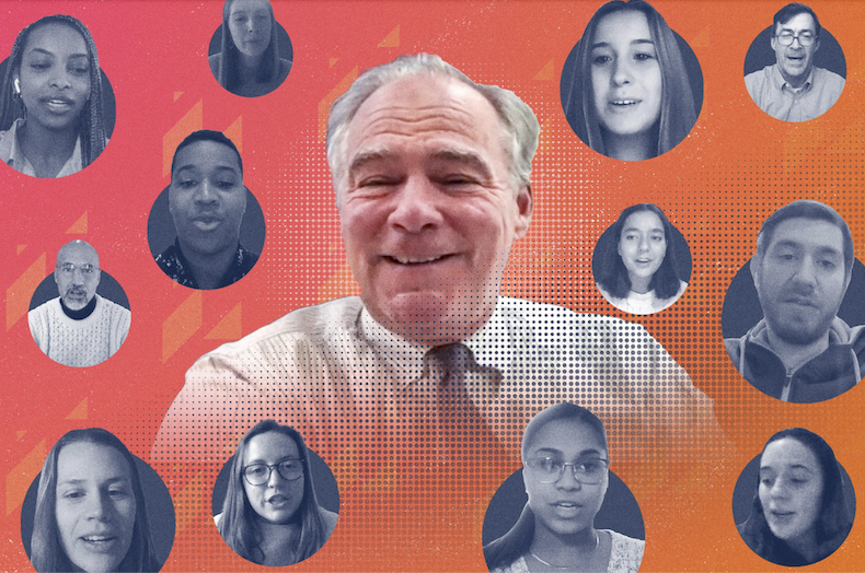 U.S. Sen. Tim Kaine, center, was one of several prominent leaders students got a chance to interview during a January term leadership course called “President Biden’s First Year.” (Illustration by Ziniu Chen, University Communications)