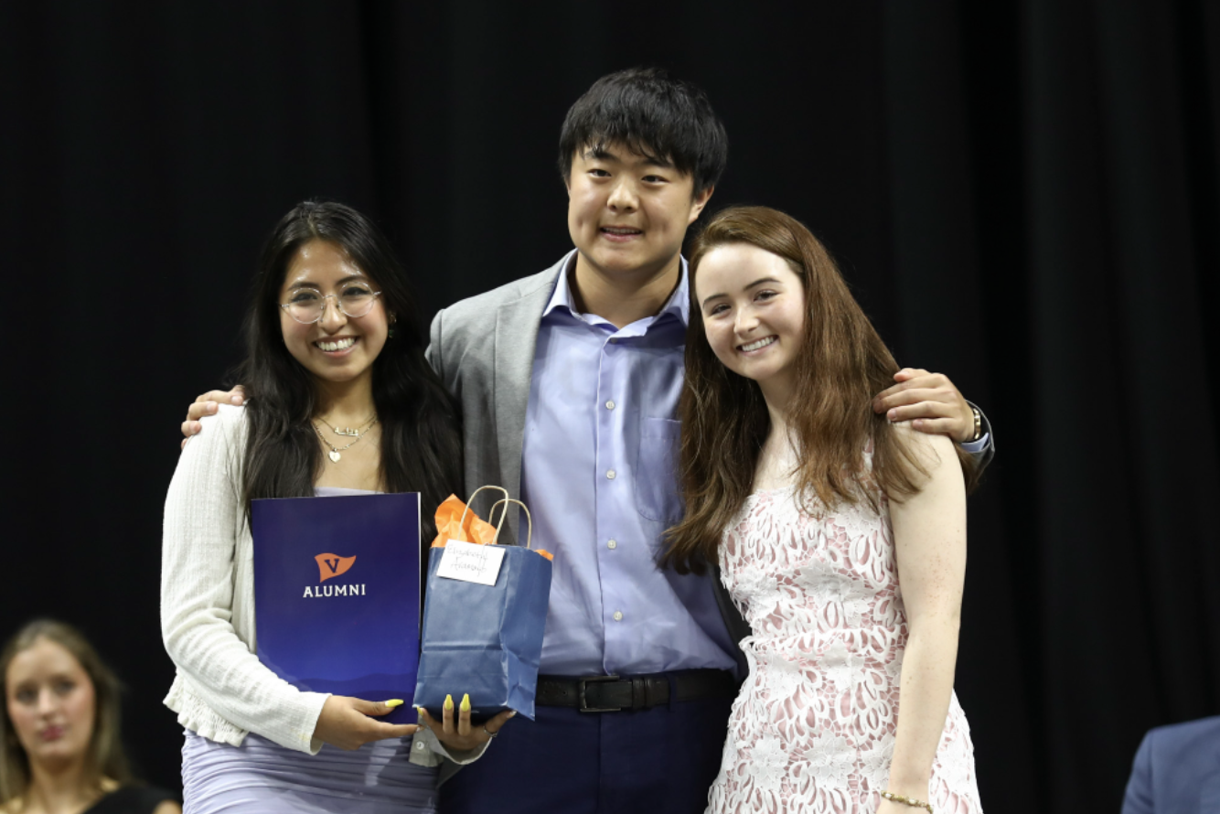 The Cultural Fluency Award was presented to Elizabeth Aramayo by Class of 2022 trustees Eric S. Wan and Chloe C. Lyda. (Photo by Erin Edgerton, University Communications)