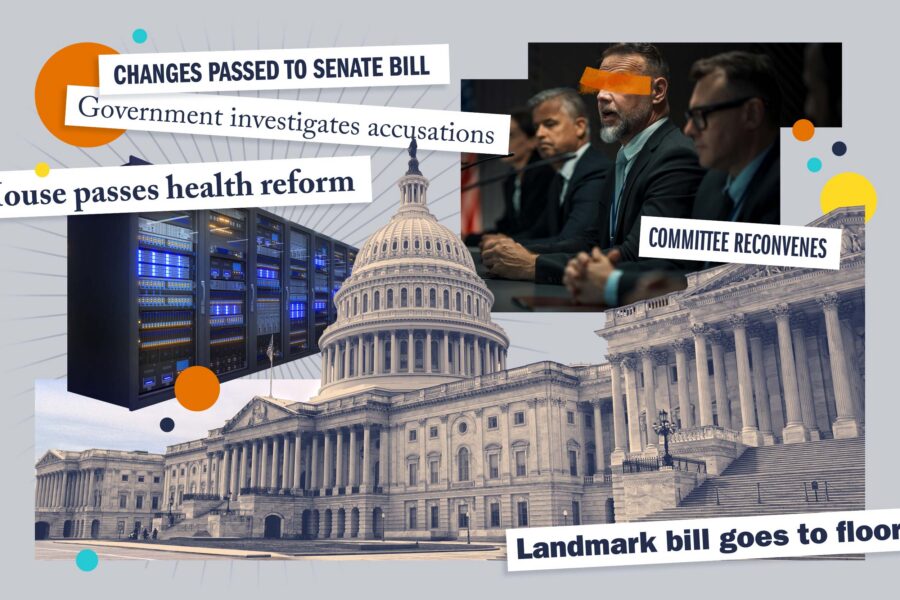 Collage of the U.S. Capitol, government officials, and headlines about public policy.